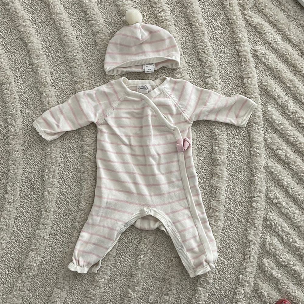 Mud Pie pink striped baby onesie with matching hat